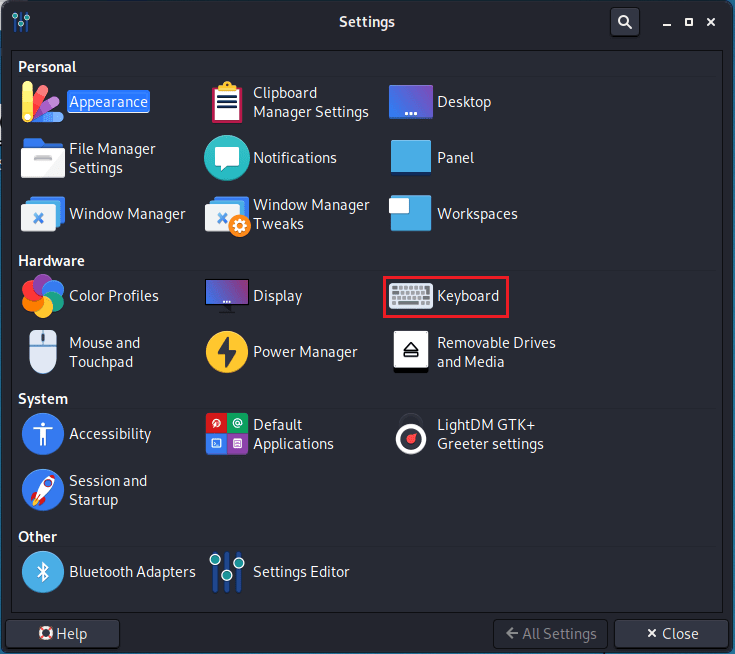 Kali Linux Settings Keyboard