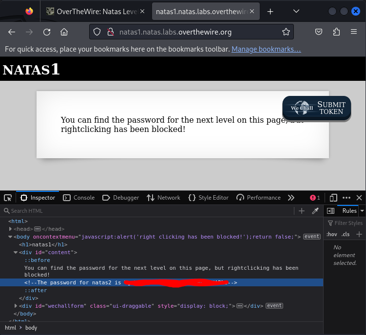 Natas1 Solution - Developer Tools Source Code